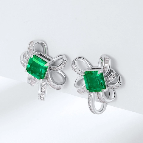 Orecchini a Bottone a Fiocco in Argento Sterling 925 Con Smeraldo Creato in Laboratorio E Zirconia Gioielli Eleganti per Donna Regalo Nozze