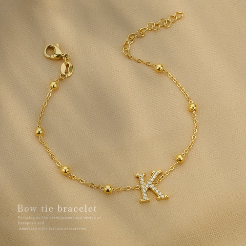 Titanstahl Buchstabe K Anhänger Armband Für Damen Vergoldet Strass Satellitenkette Verstellbar Mode Schmuck Geschenk