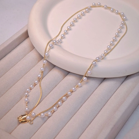 Double Layer Imitation Artificial Pearl Necklace French Gold Plated Copper Round Pendant Clavicle Chain For Women Elegant Jewelry