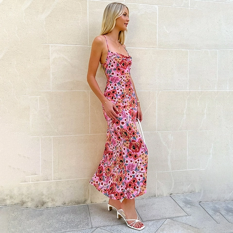 Dames Maxi Jurk Roze Bloemenprint Rugloos Nauwsluitend Polyester Vakantie Strand Camisole Elegant