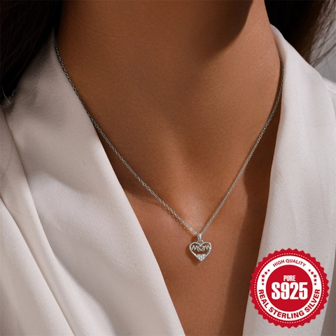 Collar Con Colgante De Corazón De Plata De Ley 925 Letras MOM Incrustación De Circón Regalo Día De La Madre Joyas Mujer