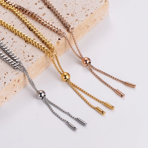 Pulsera De Cadena De Trigo Tejida De Acero Inoxidable 316L Minimalista Con Deslizador Ajustable Para Mujer Joyería Diaria