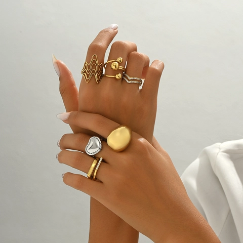 Anello In Acciaio Inossidabile Forma Cuore Geometrico A Strati Placcato Oro Zirconia Regolabile Gioielli Moda Donna