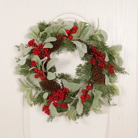 Christmas Wreath Artificial Red Berries Pine Cones Flocked Lamb Ear Leaves Holiday Front Door Wall Hanging Decor LED Lighted