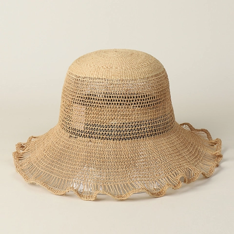 Raffia Woven Sun Hat Women Large Wave Brim Breathable Sunshade Beach Vacation Summer Simple Style