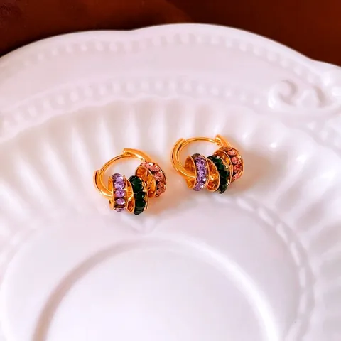 Vintage Huggie Hoop Earrings Gold Plated Copper With Colorful Zircon Multi Rings Geometric Luxury Jewelry For Women