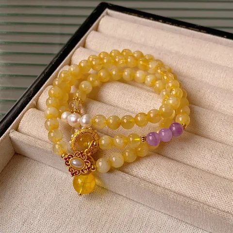 Meerlaagse Kralenarmband Met Lichtgeel Kristal Kunstparel Zirkoon Koperen Gelukshanger Nieuwe Chinese Stijl Voor Dames
