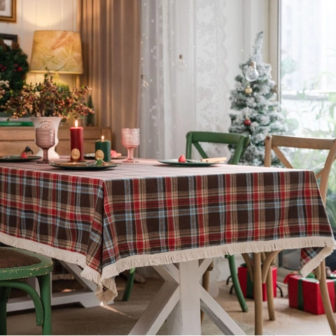 Christmas Plaid Tablecloth With Tassels Cotton Linen Blend Red Green Scottish Tartan Table Cover For Holiday Dining Decor