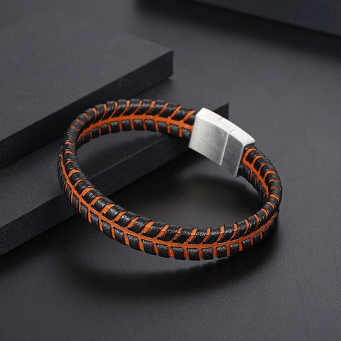 Men Woven Leather Bracelet Stainless Steel Magnetic Clasp Contrast Color Tire Texture Retro Punk Style Wristband
