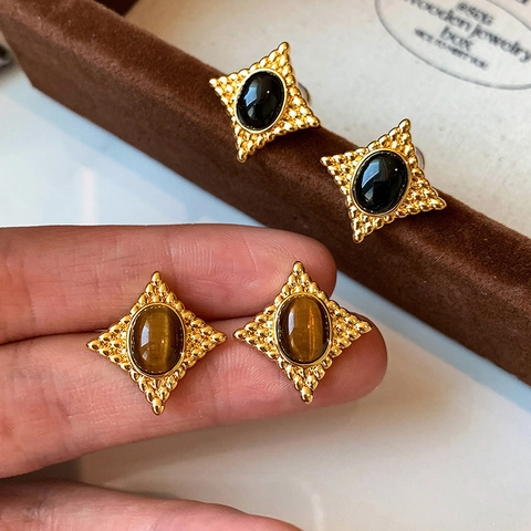 Vintage Rhombus Stud Earrings With Tiger Eye Stone And Silver Earring Post French Retro Geometric Jewelry For Women