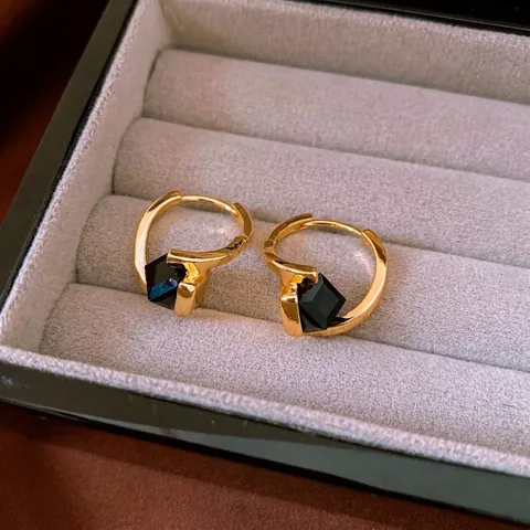 Geometric Square Zircon Hoop Earrings Real Gold Plated Copper Ear Buckles For Women Minimalist Fashion Small Jewelry
