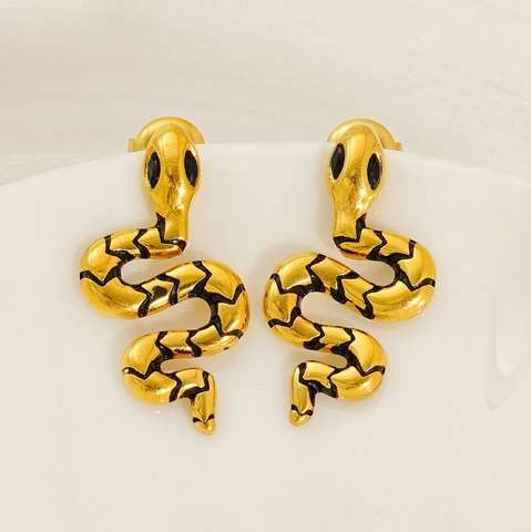 Snake Stud Earrings 18K Gold Plated Stainless Steel Black Enamel Animal Pattern Punk Style Fashion Jewelry For Women