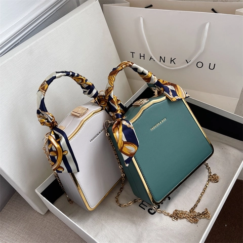 Women PU Leather Small Square Crossbody Bag With Silk Scarf Wrapped Handle Metal Frame Gold Chain Shoulder Bag For Daily Use