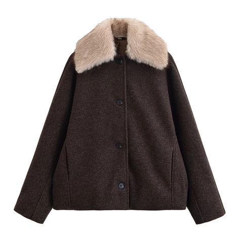 Women Long Woolen Jacket With Detachable Faux Fur Collar Solid Color Single Breasted Loose Winter Outerwear