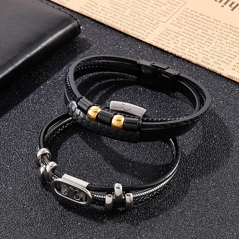 Multi-layer Braided Leather Bracelet Stainless Steel Magnetic Clasp Retro Fashion Men Jewelry