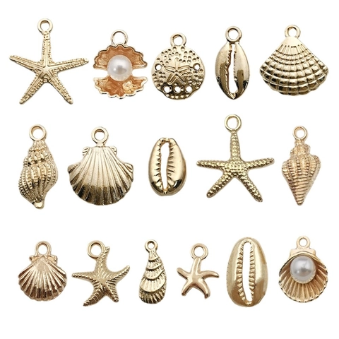Ocean Theme Charms Zinc Alloy Shell Starfish Conch Artificial Pearl Gold Plated For DIY Jewelry Making Bracelet Necklace