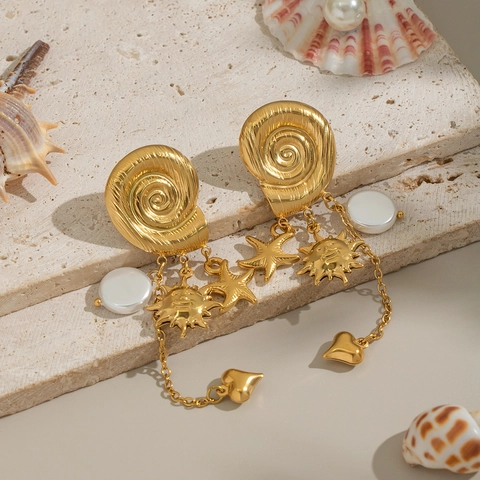 Conch Shell Sun Star Heart Tassel Drop Earrings Stainless Steel Gold Plated Ocean Beach Style Waterproof For Women