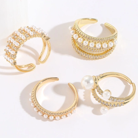 Anillo Ajustable Abierto De Perla Artificial Y Circonita Para Mujer Joyería Geométrica De Cobre Chapado En Oro 14K Elegante Oficina