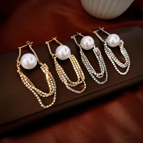 Artificial Pearl Tassel Drop Earrings Rhinestone Chain Elegant 925 Sterling Silver Earring Post Luxury Evening Jewelry Women