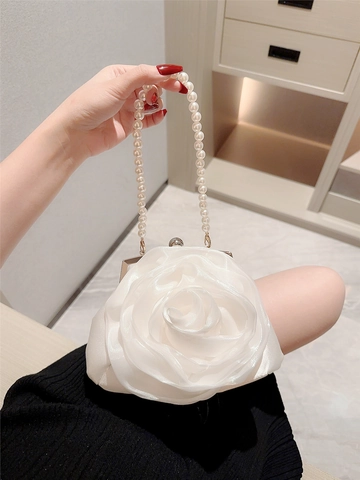 Weiße Abendtasche Mit Rosenblüte Satin Handtasche Mit Künstliche Perlenkette Für Hochzeit Bankett Party Braut