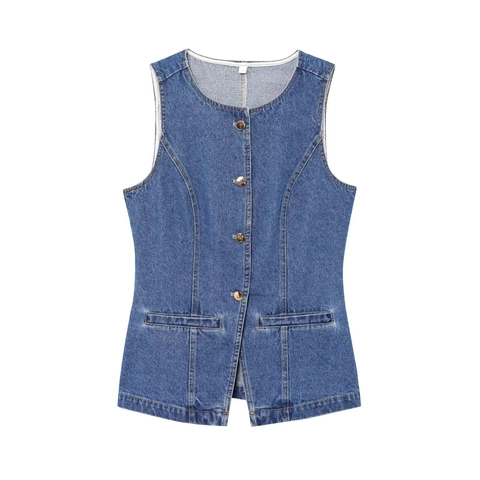 Completo Gilet Di Denim E Pantaloncini Da Donna Due Pezzi Casual Senza Maniche Monopetto Girocollo Streetwear Blu
