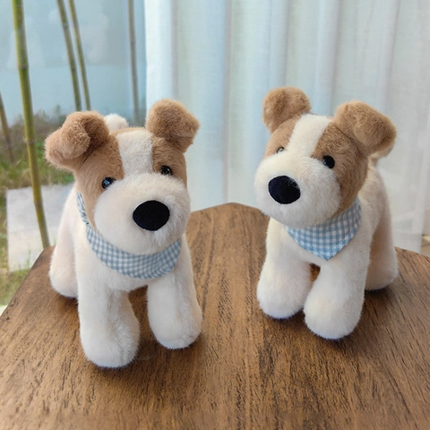 Soft Plush Dog Toy Jack Russell Terrier Stuffed Puppy Doll With Blue Plaid Scarf Kids Comforter Soothing Companion