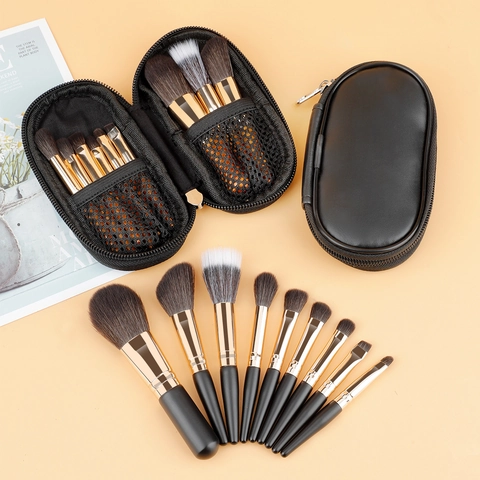 Pennelli Da Trucco Con Borsa Di Stoccaggio Con Cerniera Mini Portatile Fibra Sintetica Morbida Manico In Legno Di Betulla