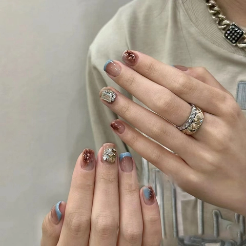 French Press On Nails Short Square Rhinestone Glitter Gradient Amber Brown Blue Tips Artificial Fake Nails