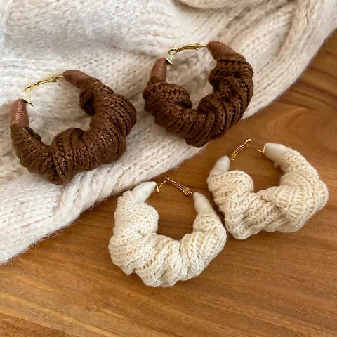 Gestrickte Wollgarn Creolen Mit Silber Ohrstecker Retro Klobig Geflochten Herbst Winter Mode Für Frauen