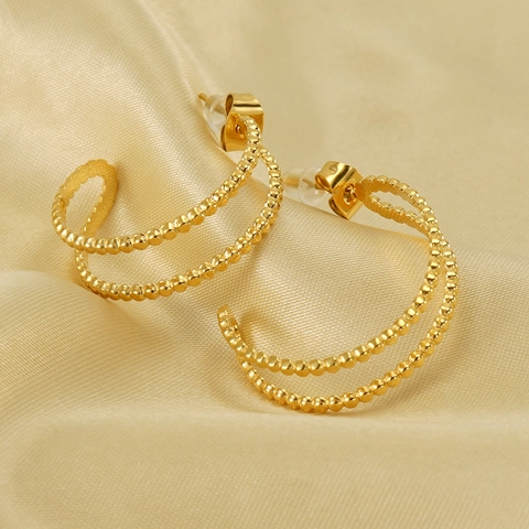 Double Row Beaded Hoop Earrings Titanium Steel 18K Gold Plated C Shaped Geometric Niche Style Jewelry For Women