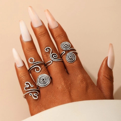 Vintage Copper Rings For Women Geometric Spiral Hollow Antique Silver Color Bohemian Ethnic Style Adjustable