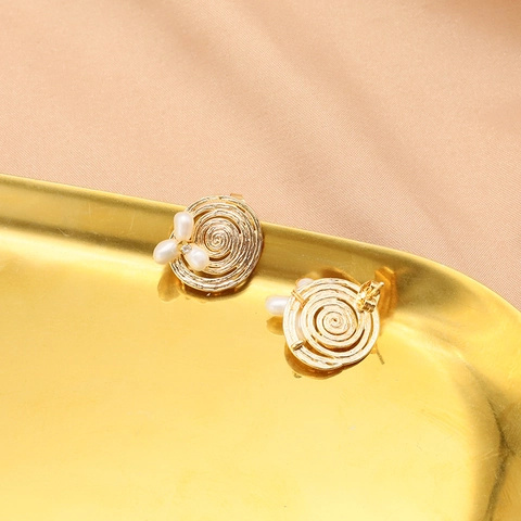 Orecchini a Bottone in Argento Sterling 925 con Perla d'Acqua Dolce Placcati Oro 18K a Spirale per Donna Gioielli di Lusso
