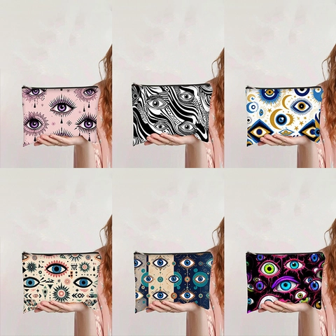 Canvas Makeup Bag Zipper Cosmetic Pouch Travel Organizer Evil Eye Cartoon Animal Print For Women Students Portable Storage Bag