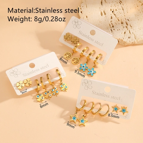 Stainless Steel Studs And Hoop Earrings With Evil Eye Star Flower Tree Of Life Pendants Gold Plated Jewelry For Women