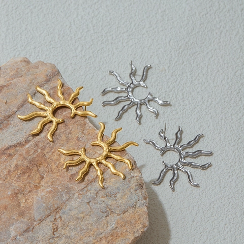 Sunburst Oorknopjes 18K Verguld Roestvrij Staal Frans Vintage Geometrisch Golvende Textuur Retro Sieraden Voor Dames