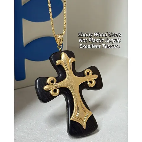 Large Cross Pendant Necklace Alloy Resin Ebony Wood Fleur-de-lis Vintage Gothic Dark Style Long Sweater Chain For Women