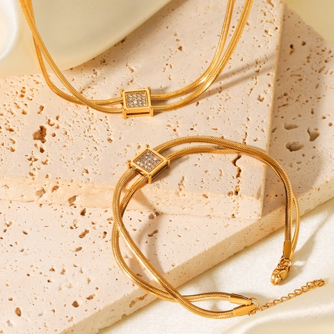 Layered Snake Bone Chain Necklace Stainless Steel Gold Plated With Square Rhinestone Pendant Fashion Jewelry For Women