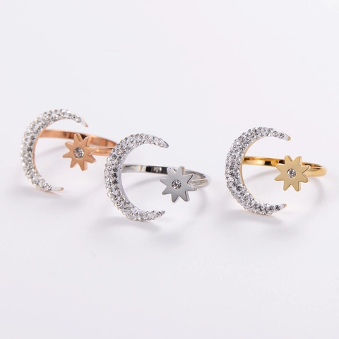Anello Aperto Regolabile Acciaio Inossidabile 304 Minimalista Stella Luna Coda Di Pesce Zircone Intarsiato Gioielli Di Moda Per Donne