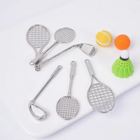 Miniature Sports Racket Keychain Alloy Tennis Badminton Golf Club Ping Pong Paddle Pendant Dollhouse Accessories Gift For Sports Lovers