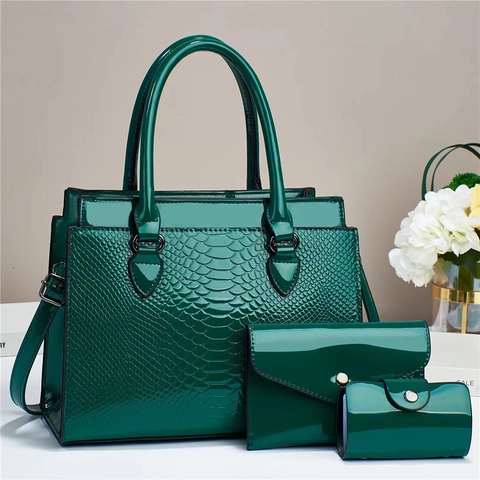 Women Patent Leather Handbag Set Embossed Stone Pattern Tote Bag Shoulder Crossbody Bag Purse With Clutch And Card Holder