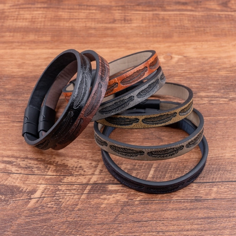 Men's PU Leather Bracelet With Feather Pattern Metal Magnetic Clasp Retro Fashion Wristband