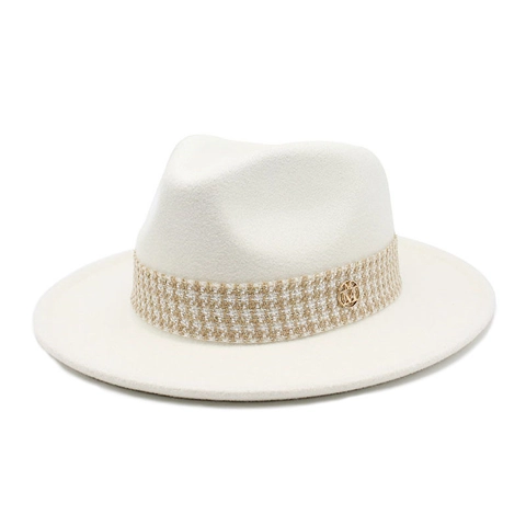 Retro Off White Fedora Hat Wide Brim Felt Jazz Cap With Woven Band And Metal Badge For Women Men