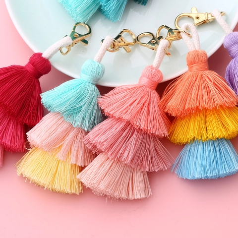 Handmade Three-Layer Cotton Thread Tassel Keychain Boho Style Bag Pendant Jewelry Accessories For Women Wallet Decoration