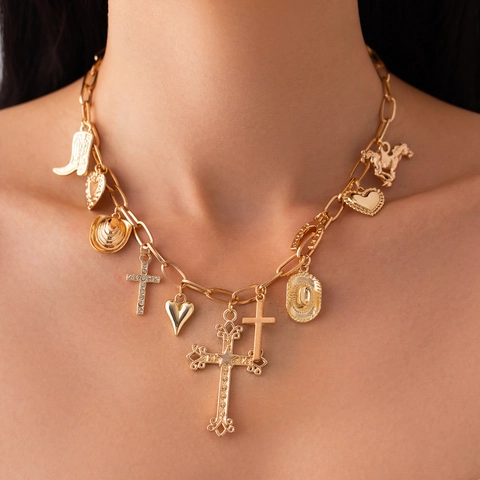 Collana Multi Pendente Stile Western Lega Strass Croce Cuore Cappello Stivali Ferro Di Cavallo Gioielli Donne Vintage Gotico