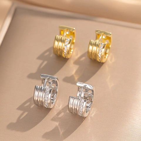 Pendientes De Aro Rayados Circón Cobre Chapado En Oro Hebillas De Oreja Estilo Coreano Joyería Minimalista Para Mujeres