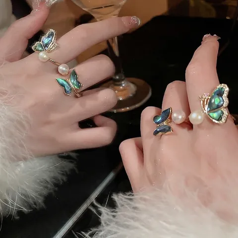 Butterfly Artificial Pearl Open Ring Zircon Copper Abalone Shell Inlaid Adjustable Finger Jewelry For Women Elegant Party Accessory
