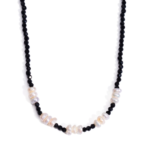 Collar De Cuentas Con Cristal Negro Y Perla Barroca Artificial Para Mujer Acero Inoxidable Chapado En Oro De 18K Joyería Minimalista