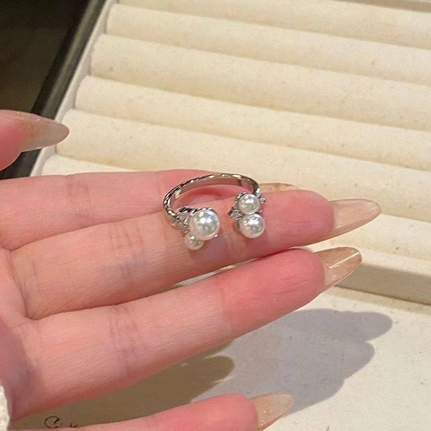 Elegant Open Ring With Faux Artificial Pearl And Zircon Flower Shape French Style Adjustable For Women Fashion Jewelry