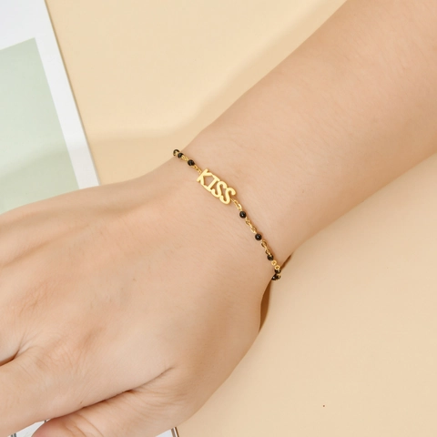 Fashion Stainless Steel KISS Letter Charm Bracelet With Colorful Enamel Beads For Women Gold Personalized Hand Jewelry
