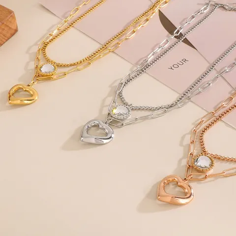 Double Layer Stainless Steel Necklace Heart Cutout Pendant Paperclip Chain Round Crystal Charm Chic Layered Jewelry